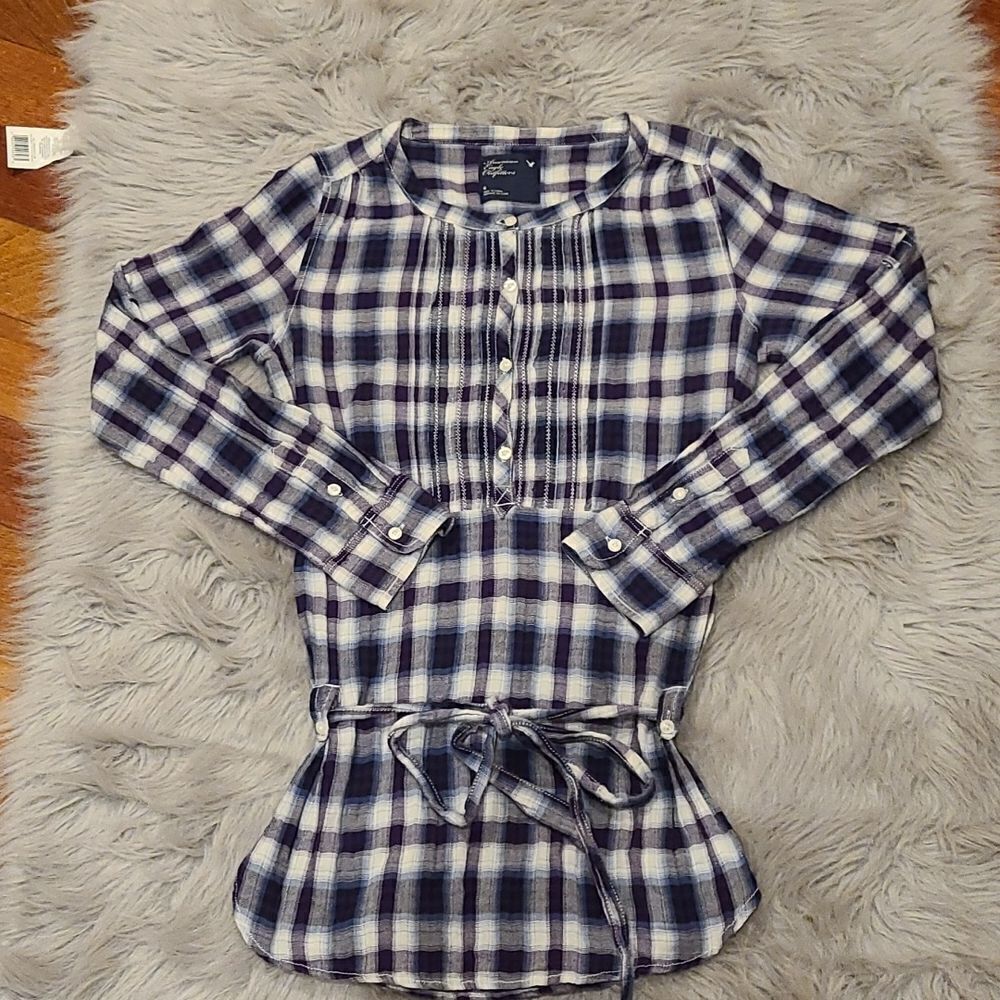 American eagle outfitters womens‎ purple plaid button front shirt with tie waist